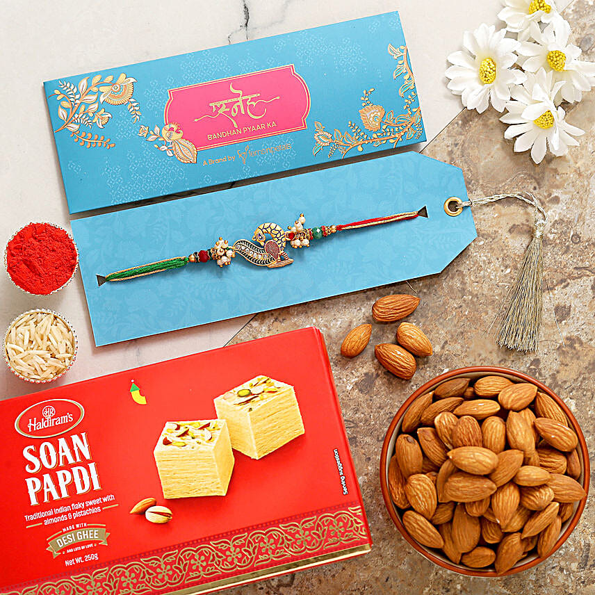 Peacock Designer Rakhi With Soanpapdi And Almonds