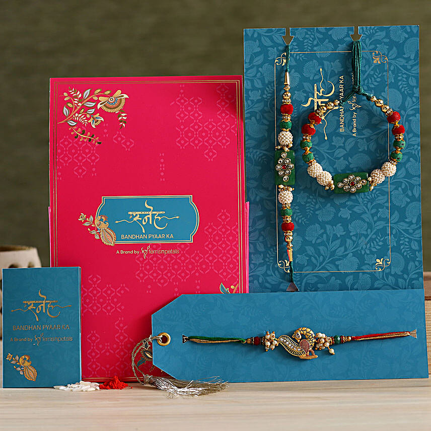 Peacock Rakhi With Green Pearl Lumba Rakhi Set