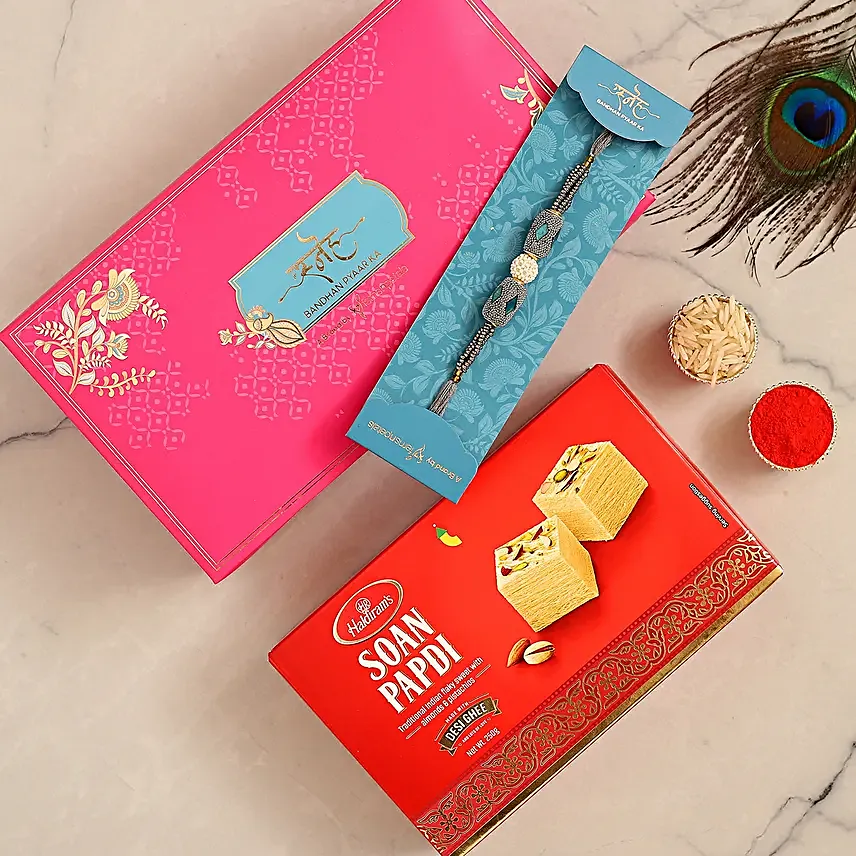 Pearl And Stone Traditional Rakhi With 250 Gms Soan Papdi