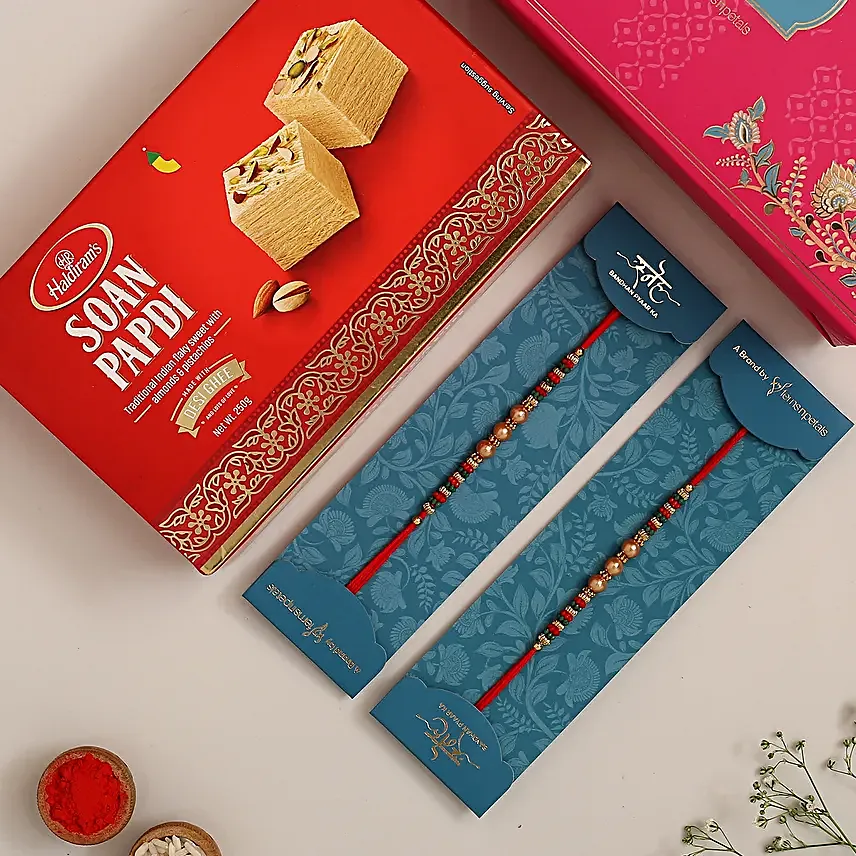 Pearl Mauli Rakhi Set And Soan Papdi