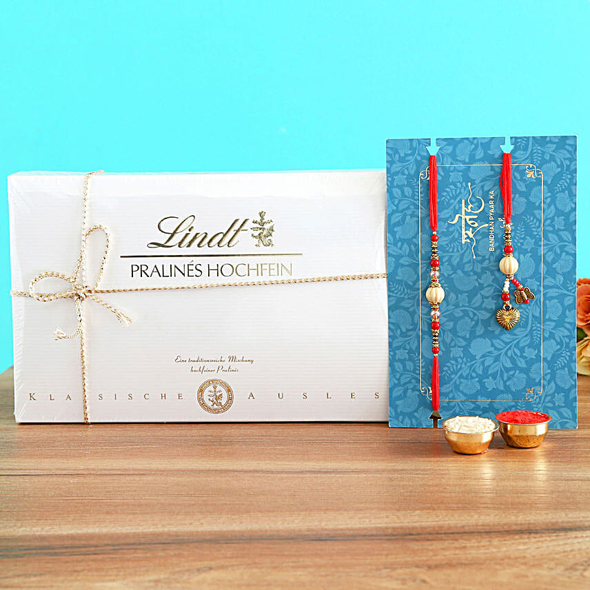 Red Lumba Rakhi Set And Lindt Pralines