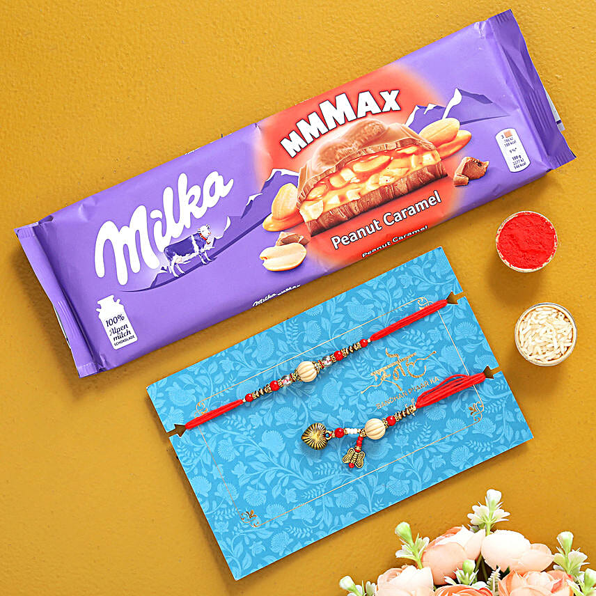 Red Lumba Rakhi Set And Milka Peanut Chocolate