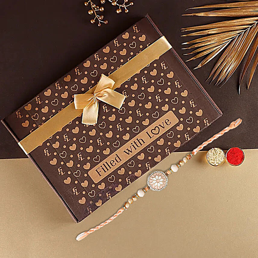 Rosy American Diamond Rakhi N Delectacle Bonbons Gift Box