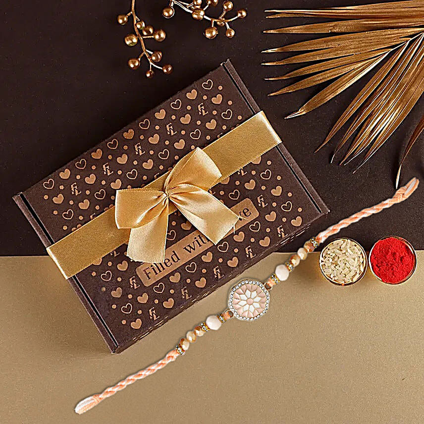 Rosy American Diamond Rakhi N Delicious Bonbons Gift Box