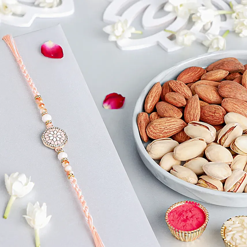 Rosy American Diamond Rakhi N Nuts Combo