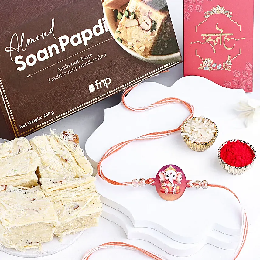 Sculpted Ganesha 3D Rakhi N Almond Soan Papdi