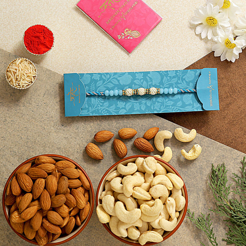 Sea Blue Pearl Rakhi With Almonds And Cashew
