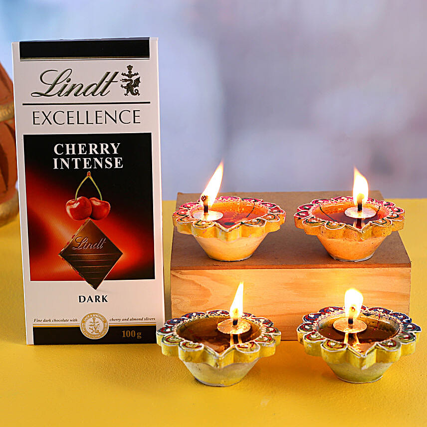Set Of 4 Designer Diyas And Lindt Cherry Intense Dark