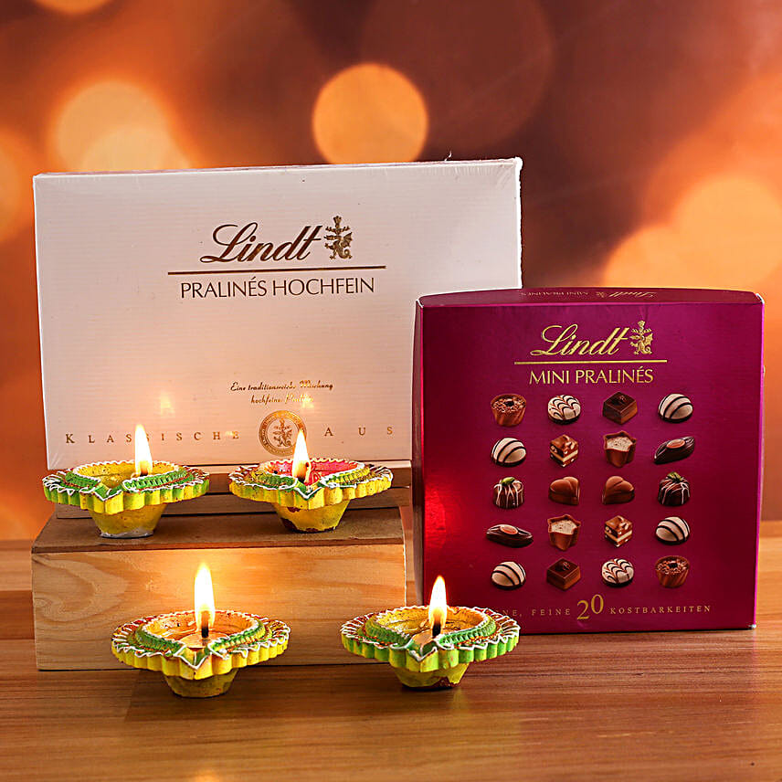 Set Of 4 Diwali Diyas And Lindt Chocolates