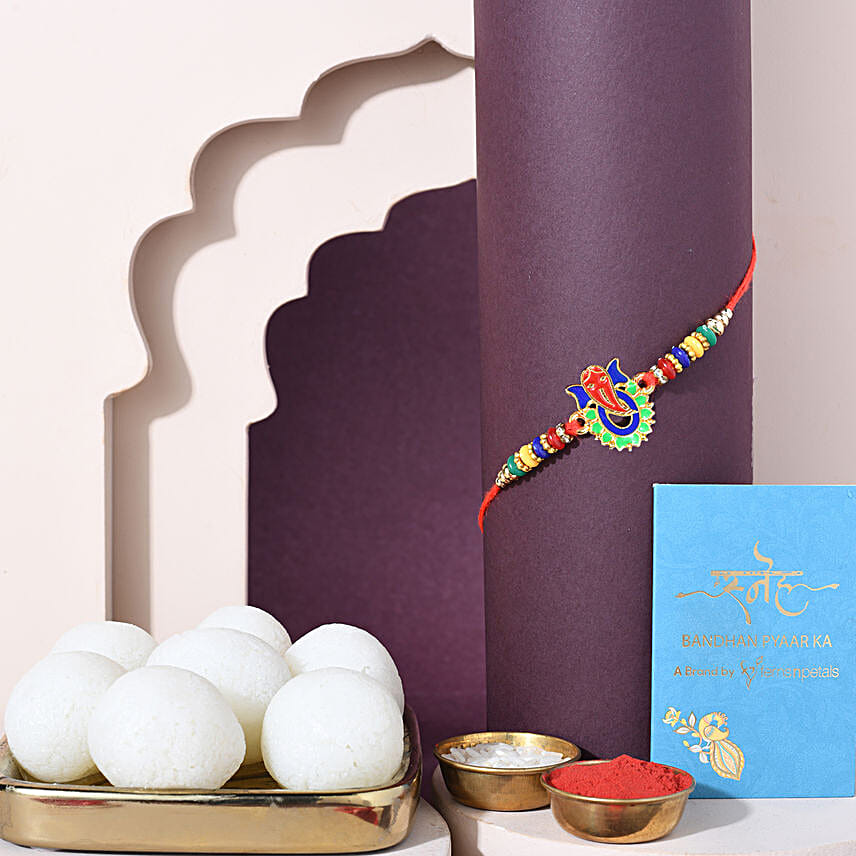 Sneh Colourful Ganesha Rakhi N Haldiram Rasgulla