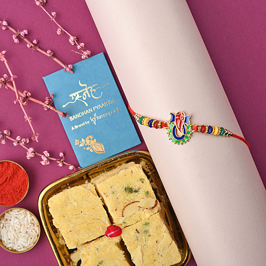 Sneh Colourful Ganesha Rakhi N Haldiram Soan Papdi