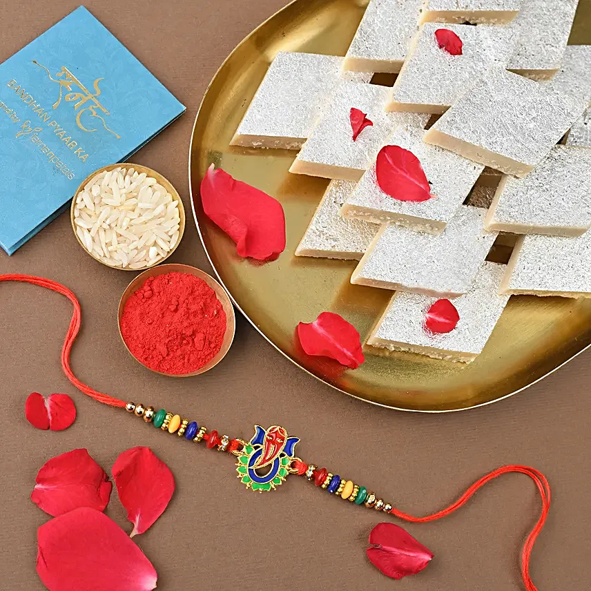 Sneh Colourful Ganesha Rakhi N Kaju Katli Box