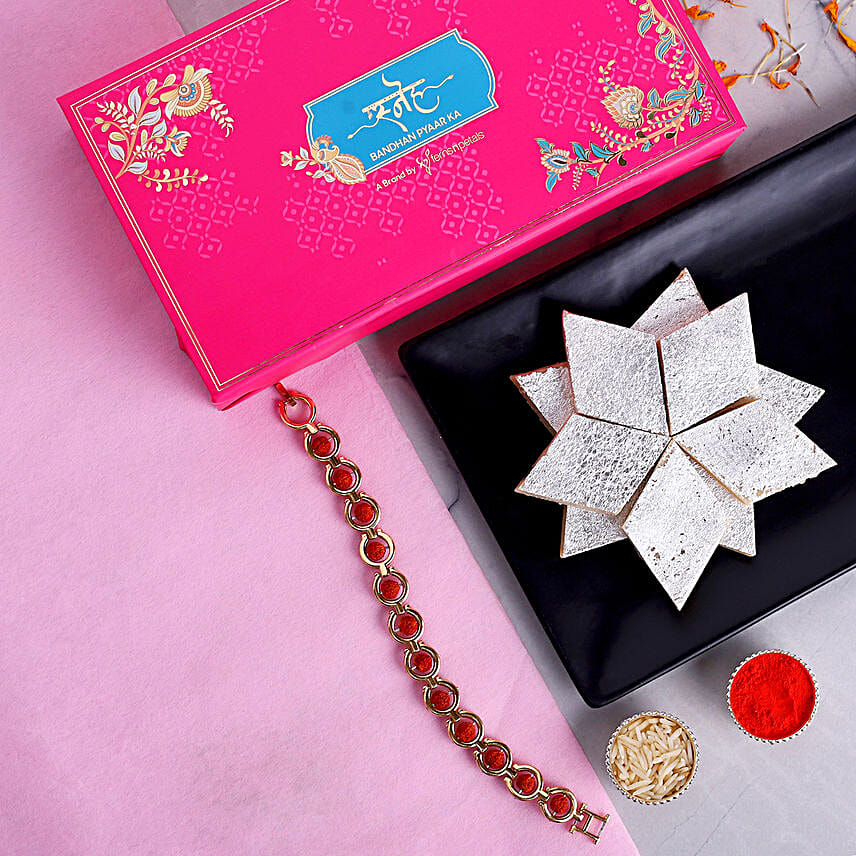 Spiritual Rudraksha Bracelet Style Rakhi With 340 Gms Kaju Katli