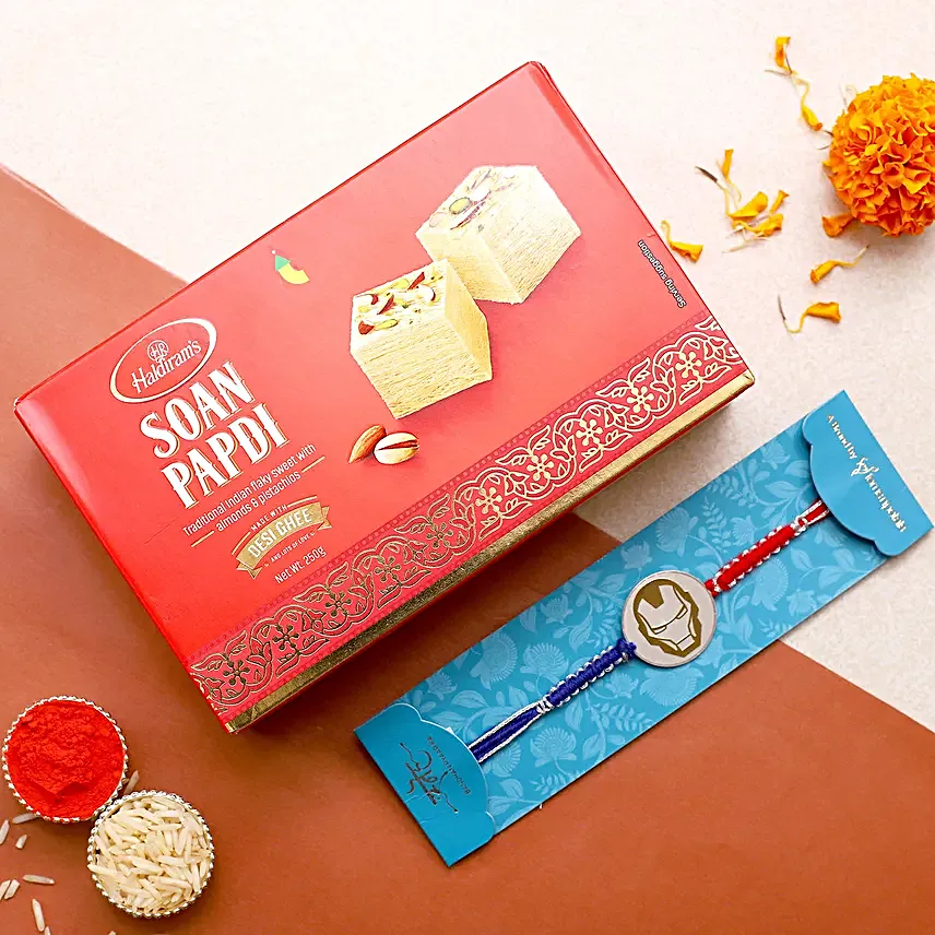 Superhero Metal Ironman Kids Rakhi And Soan Papdi