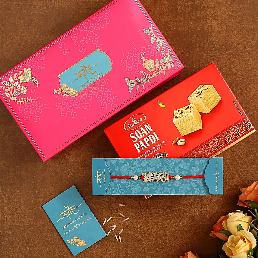 Veera American Diamond Mauli Rakhi With 250 Gms Soan Papdi