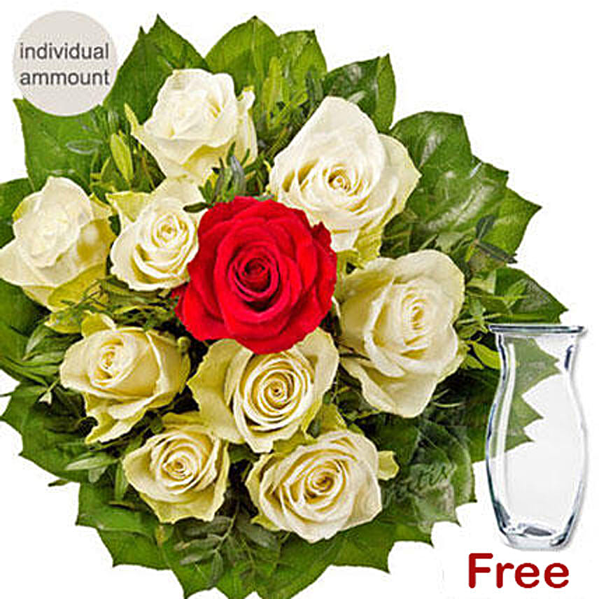 White Rose Bunch With Single Red Rose