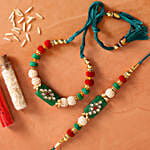 Peacock Rakhi With Green Pearl Lumba Rakhi Set
