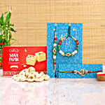 Green Lumba Rakhi Set And Peacock Rakhi With Soanpapdi And Cashew