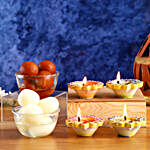 Designer Diyas With Sweets And Greeting Card