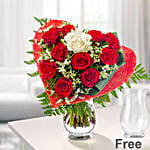 White And Red Roses Bouquet And Free Vase