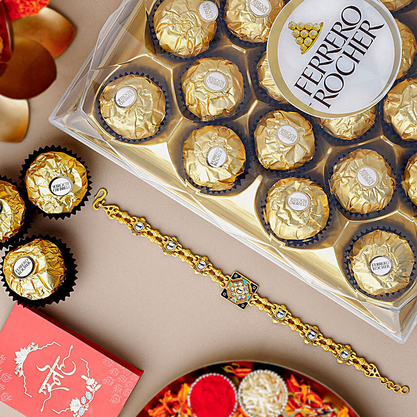 Golden Glamour Bracelet Rakhi with Ferrero Rocher Gift Set