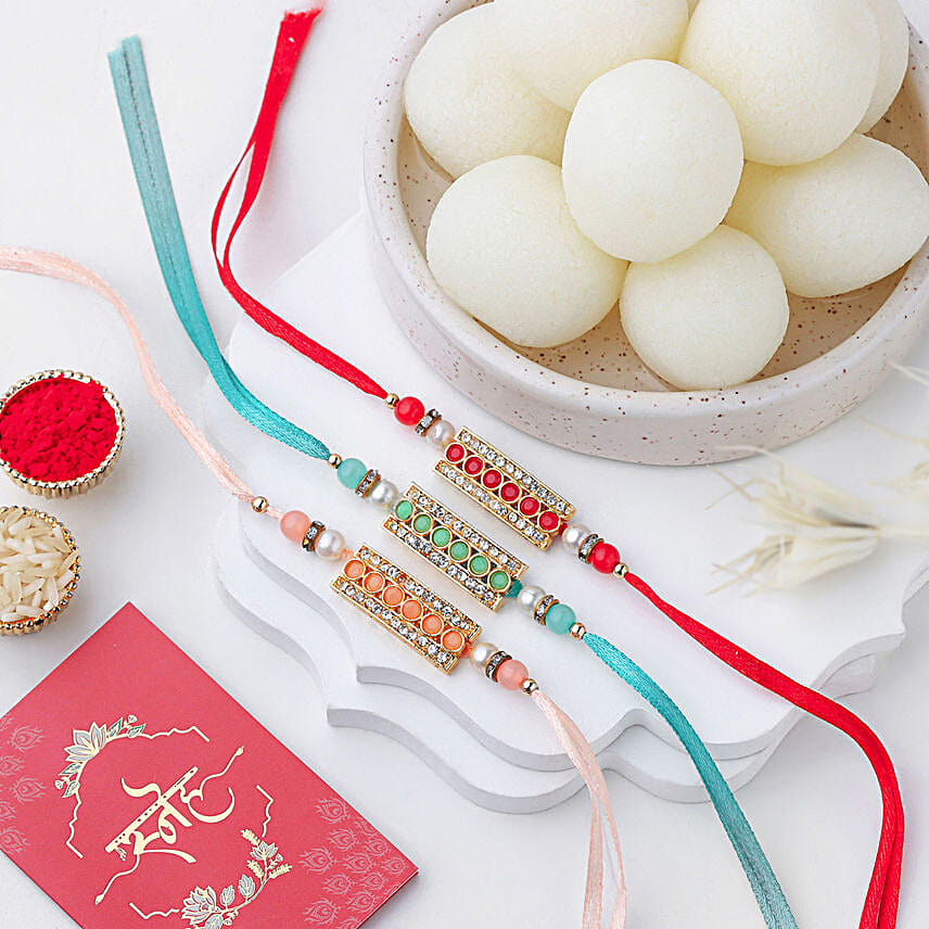 Sparkling Gemstone Trio Rakhi Set N Rasggulla Delight