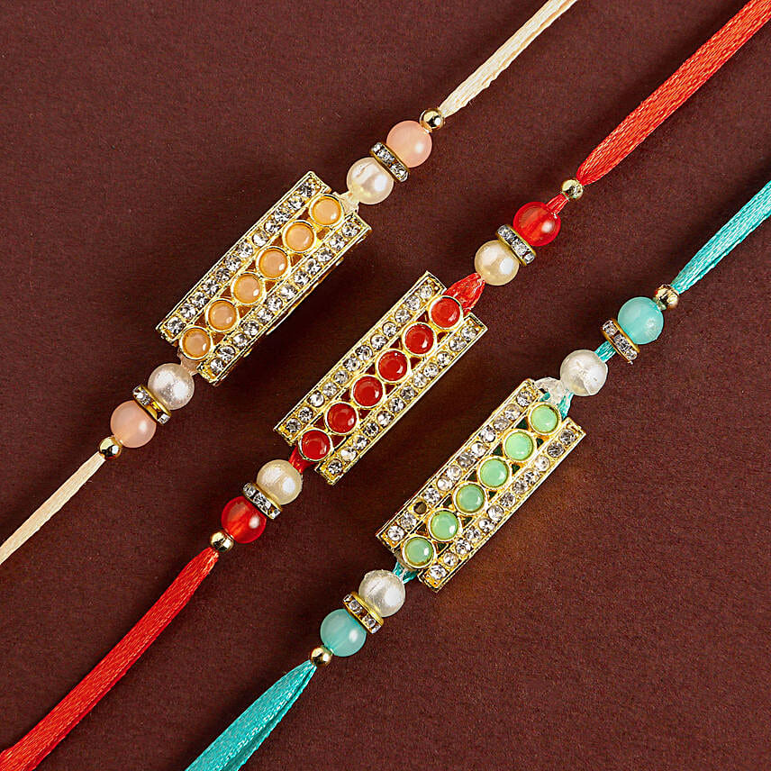 Sparkling Gemstone Trio Rakhi Set N Rasggulla Delight