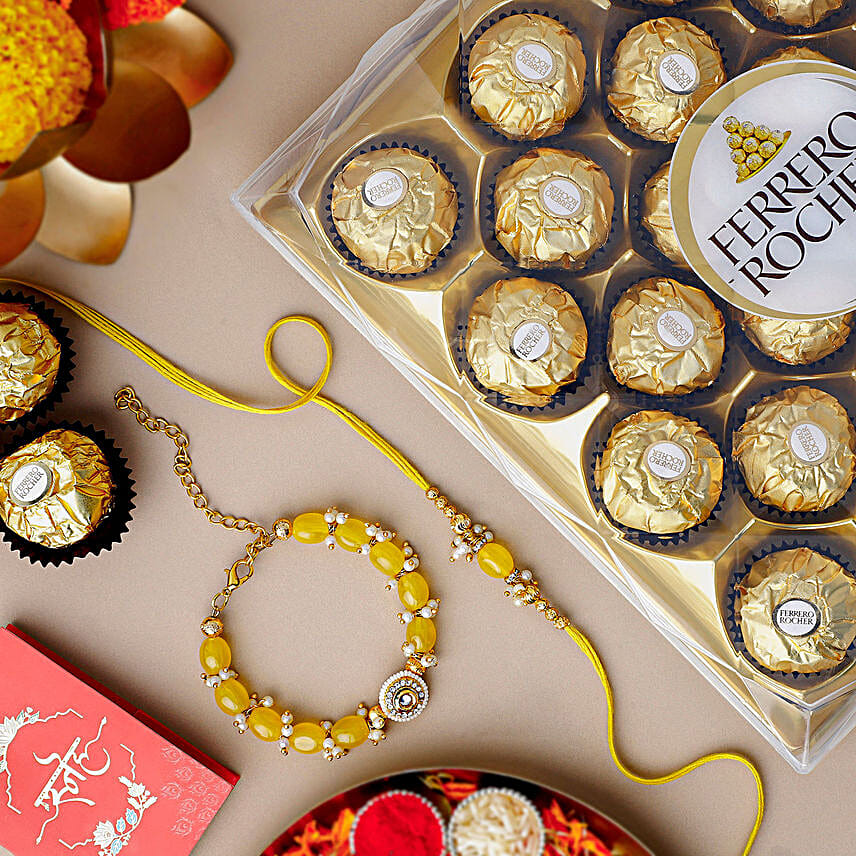 Sun Kissed Stone Work Lumba Pearl Rakhi Duo N Ferrero Rocher Gift Set