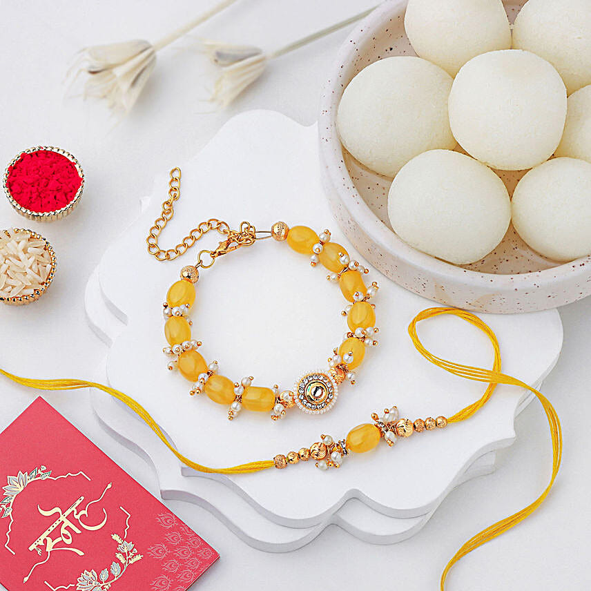 Sunkissed Stone Work Lumba Pearl Rakhi Combo N Rasgulla Treat