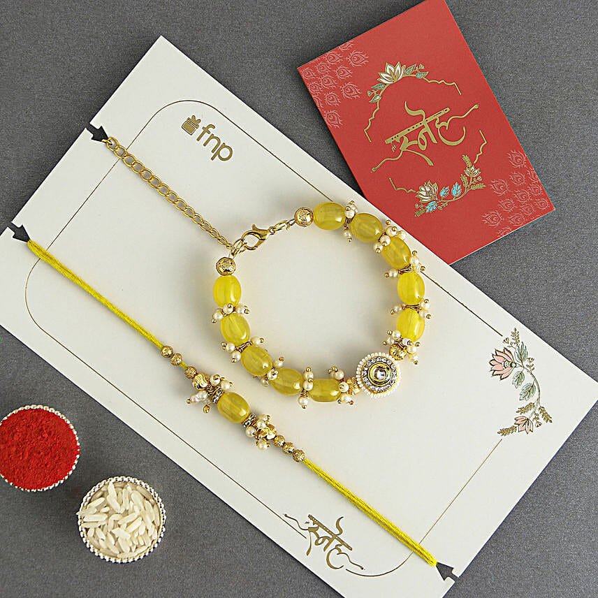 Sunkissed Stone Work Lumba Pearl Rakhi Combo N Rasgulla Treat
