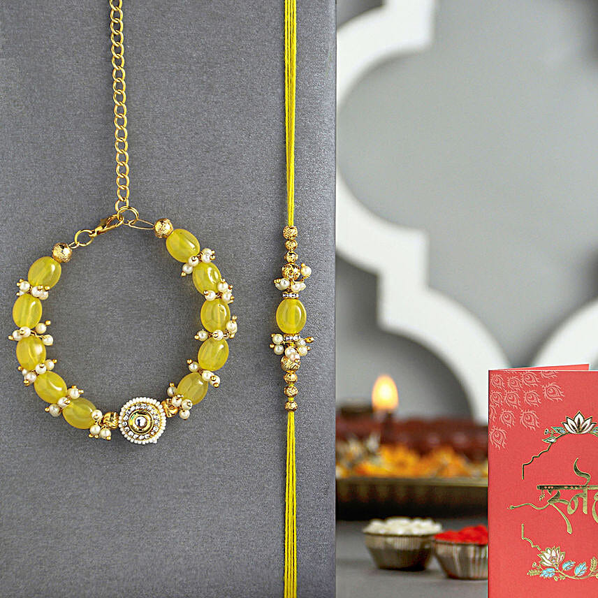 Sunkissed Stone Work Lumba Pearl Rakhi Combo N Rasgulla Treat