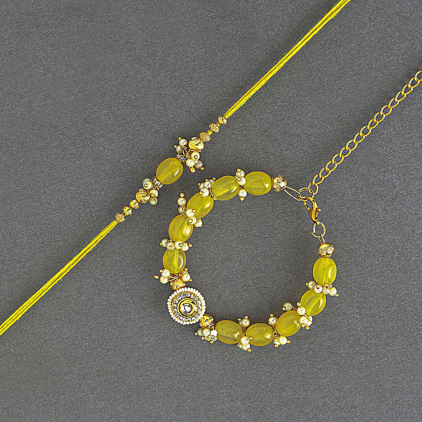 Sunkissed Stone Work Lumba Pearl Rakhi Combo N Rasgulla Treat