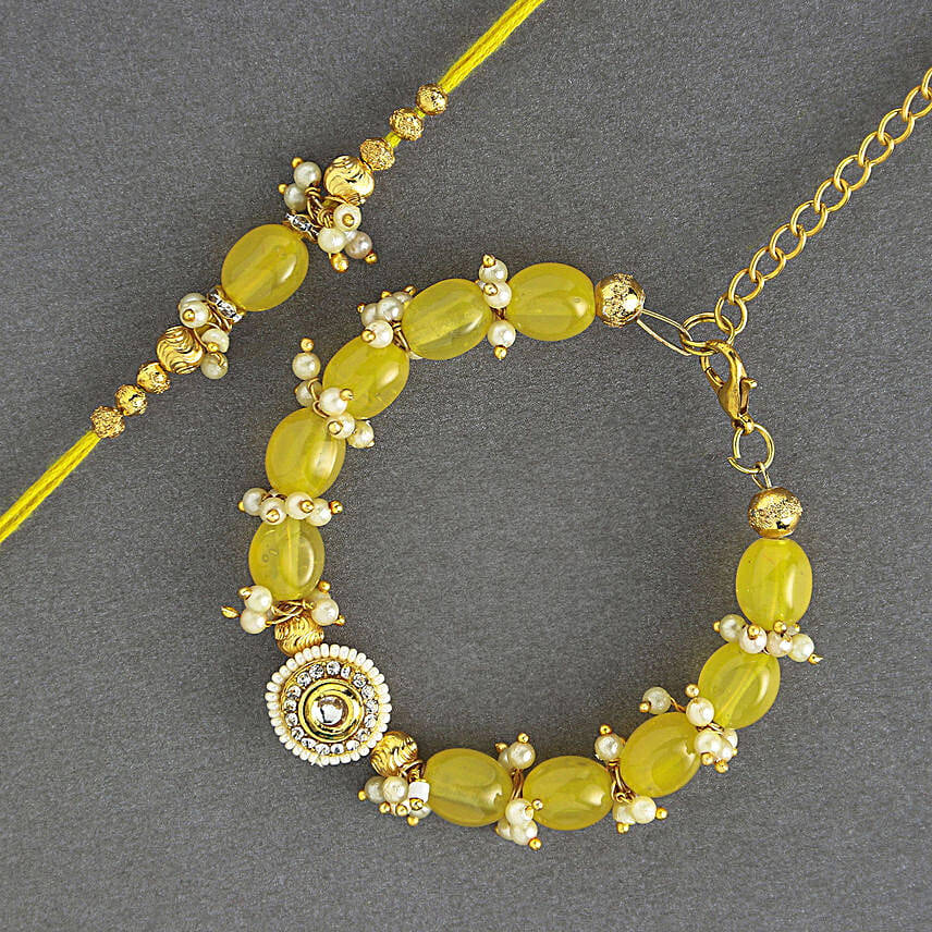 Sunkissed Stone Work Lumba Pearl Rakhi Combo N Rasgulla Treat