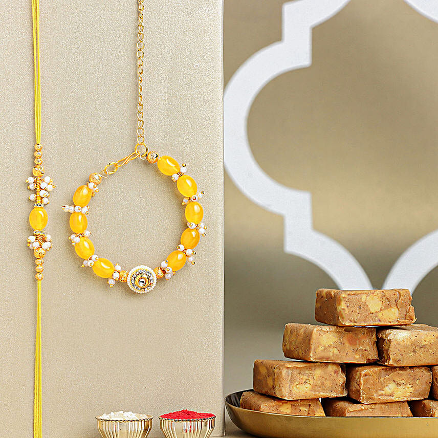 Sunkissed Stone Work Lumba Pearl Rakhi Combo Sweet Treats