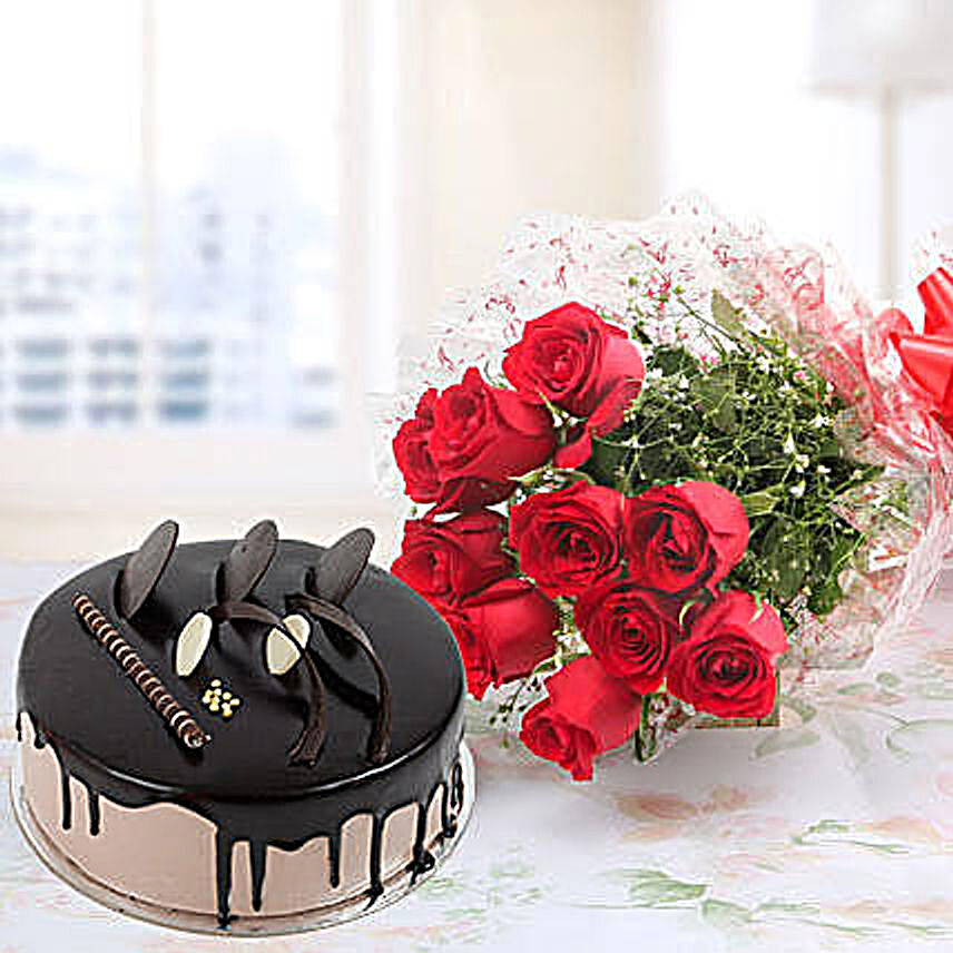 Red Roses And Chocolate Cake Combo:Send Roses to Indonesia