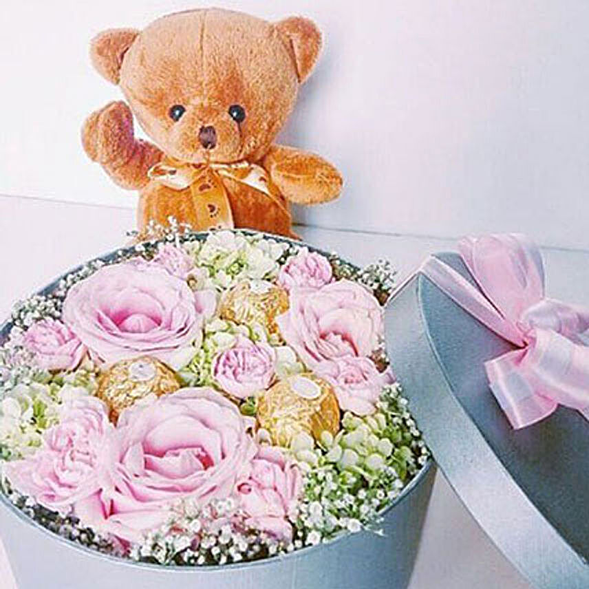 Bloom Box With Teddy Bear:All Gifts to Indonesia