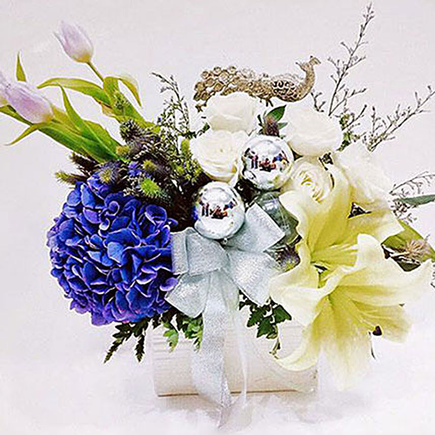Elegant White N Blue Flower Arrangement:Lilies to Indonesia