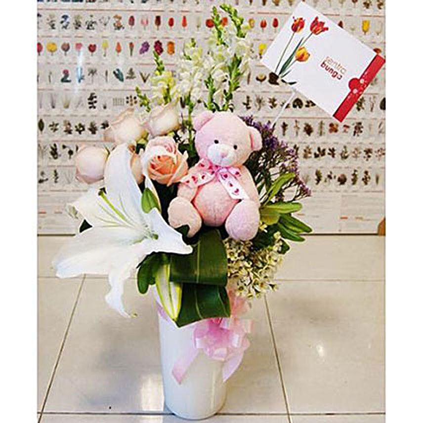 Pink Blush And Teddy Bear Combo:Lilies to Indonesia