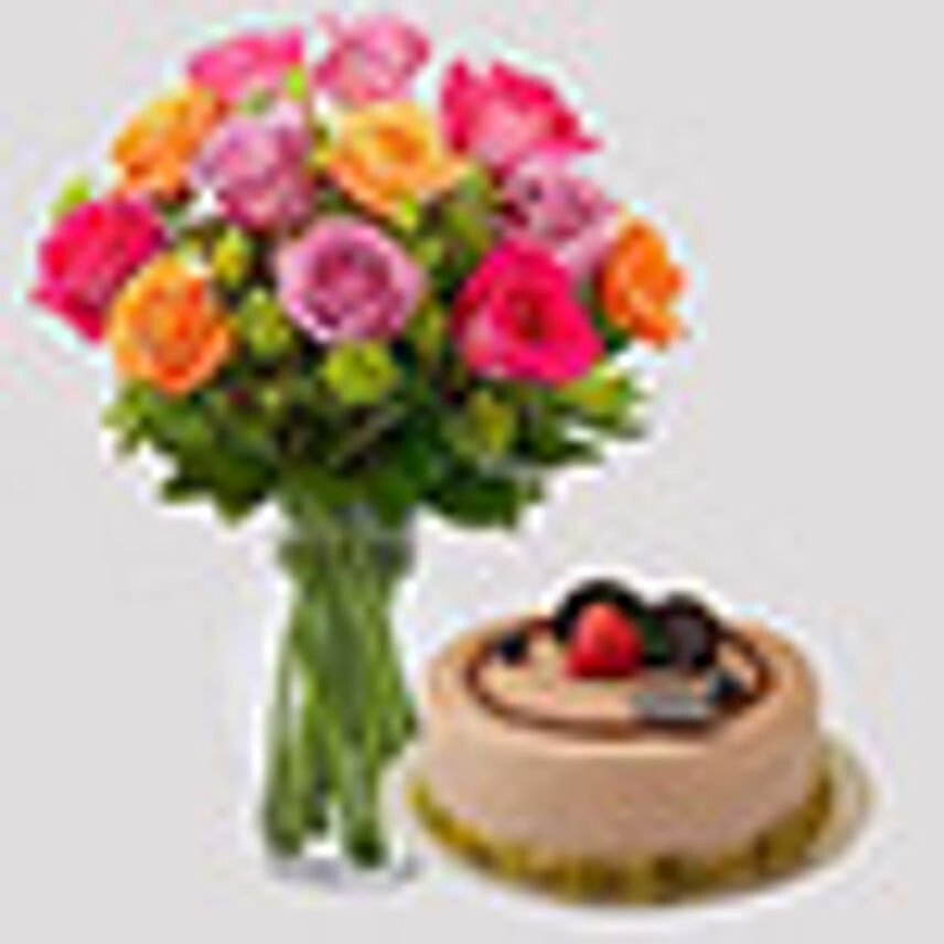 Bright Roses And Chocolate Cake Combo