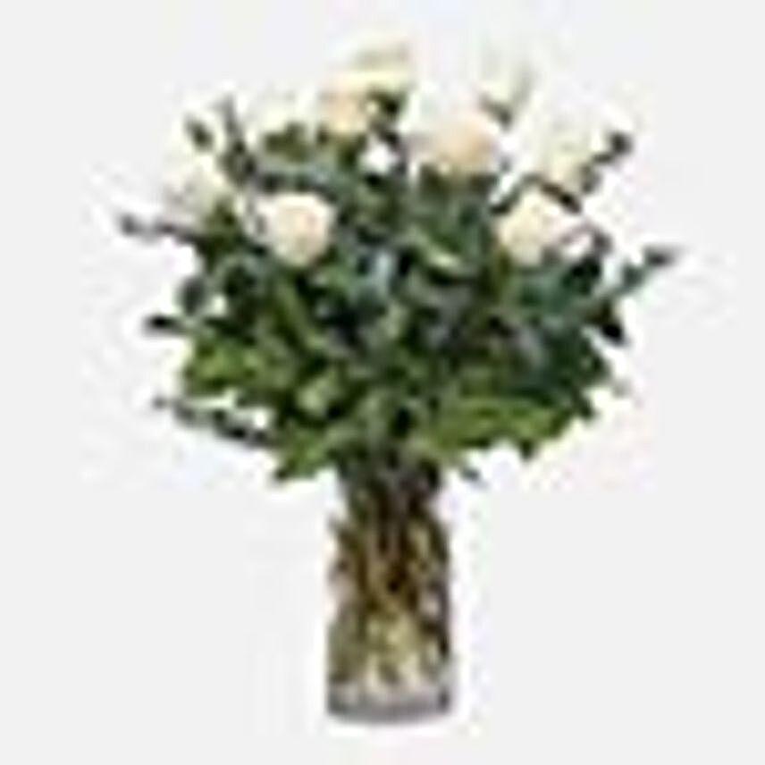 Bunch Of 12 White Roses Glass Vase Arrangement:Send Roses to Indonesia