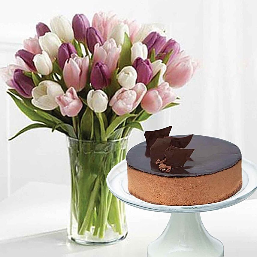 Coloured Tulips And Divine Chocolate Cake