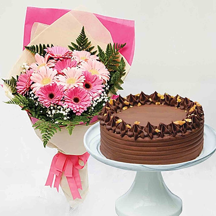 Pink Gerbera Bouquet And Chocolate Cake