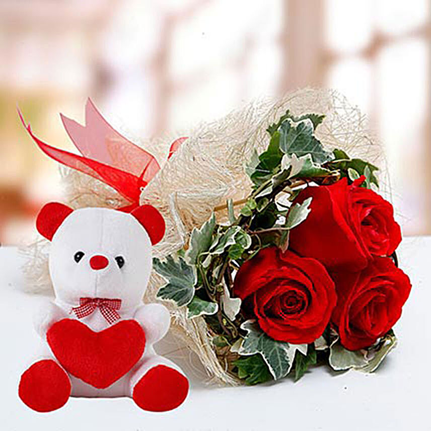 Red Roses and White Teddy Combo:Send Romanic Gifts to Indonesia