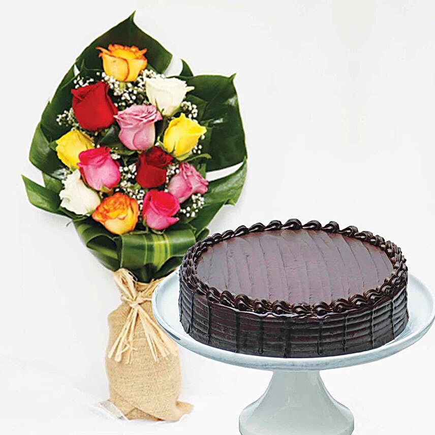 Roses Bouquet And Chocolate Fudge Cake