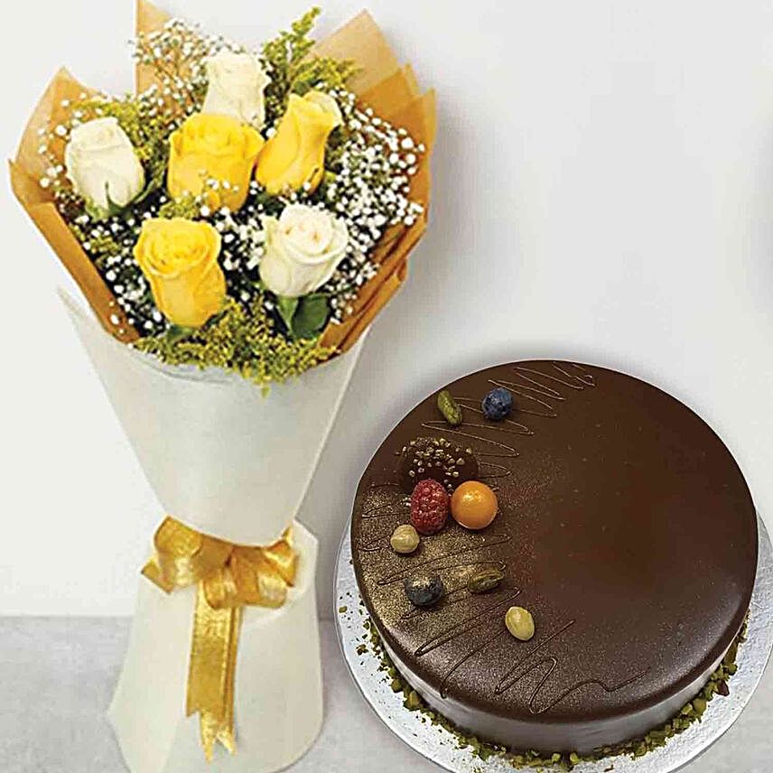 Roses Posy And Chocolate Cake