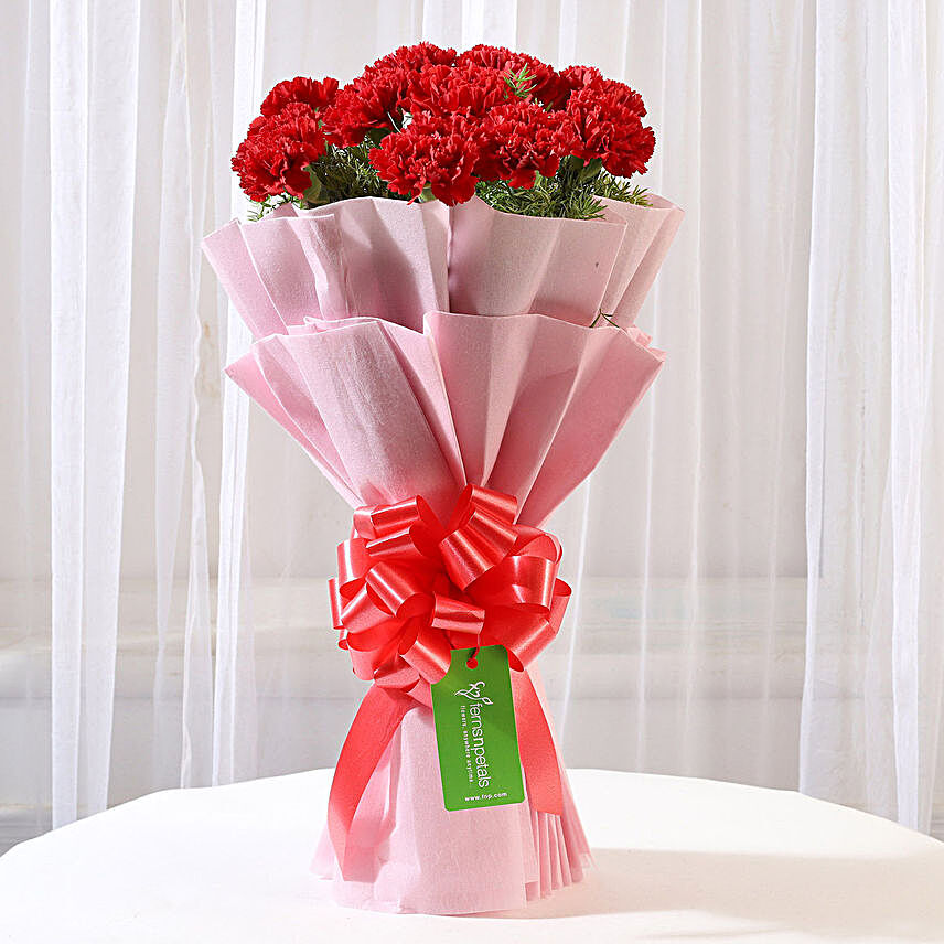 Ravishing 12 Red Carnation Bouquet:Flower Bouquet in Indonesia