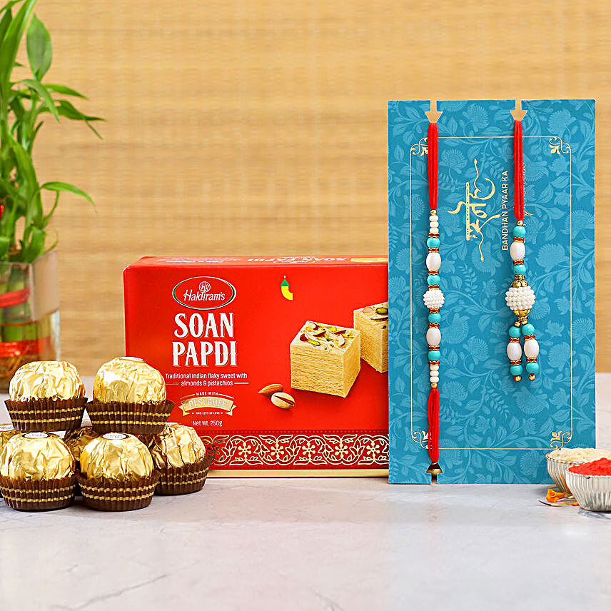 Lumba Rakhi Set And Soan Papdi With 16 Pcs Ferrero Rocher:Bhaiya Bhabhi Rakhi to Indonesia
