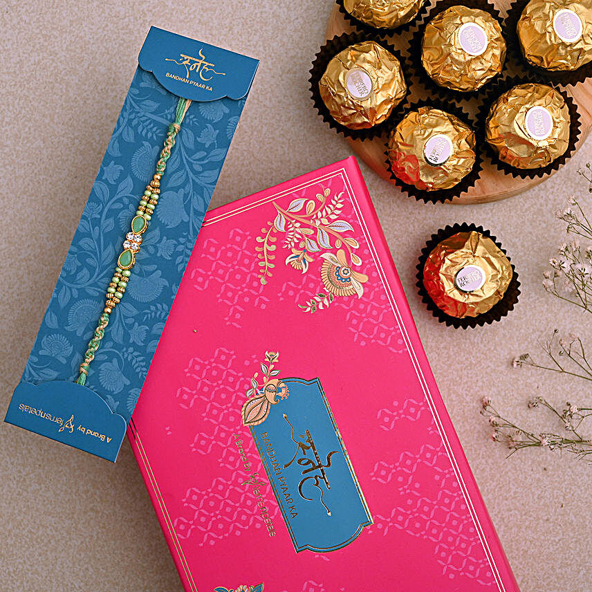 Green Pearl Designer Rakhi And 3 Pcs Ferrero Rocher:Rakhi With Chocolates to Indonesia