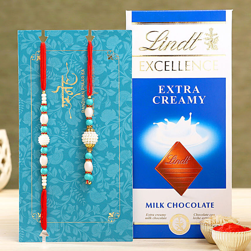 Blue Pearl And Lumba Rakhi Set With Lindt:Rakhi With Chocolates To Indonesia