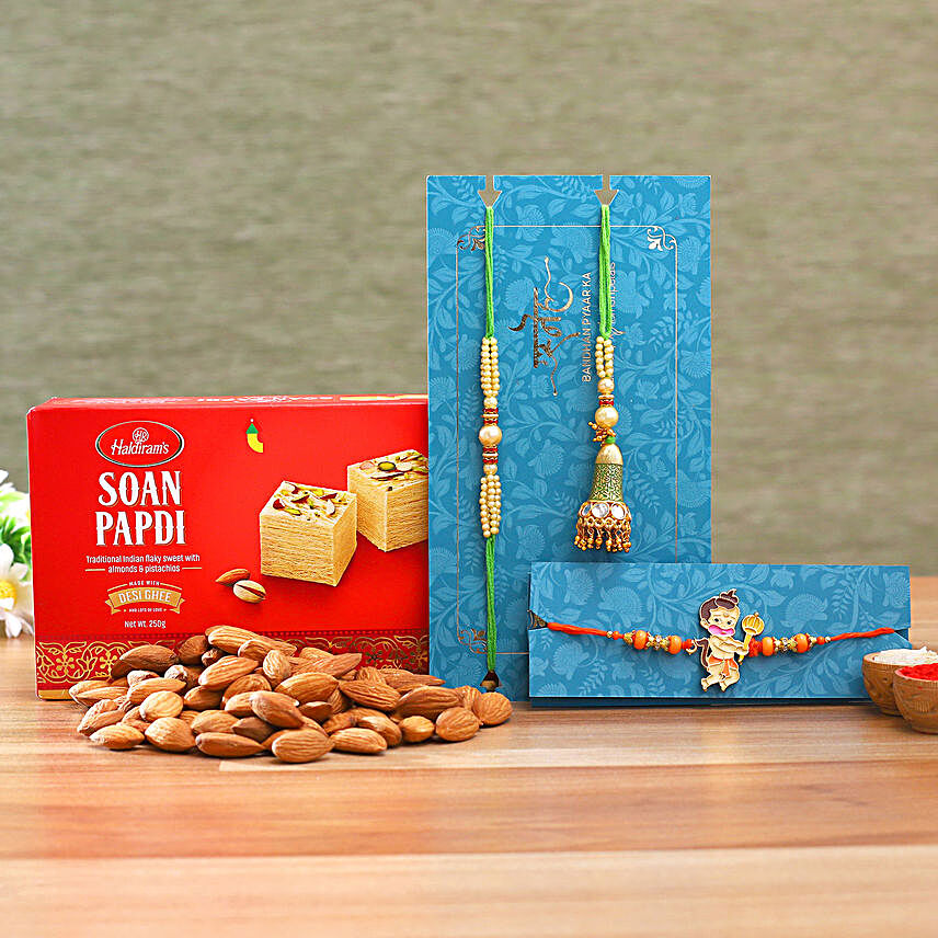 Lumba Rakhi Set And Bal Hanuman Rakhi With Almonds And Soanpapdi